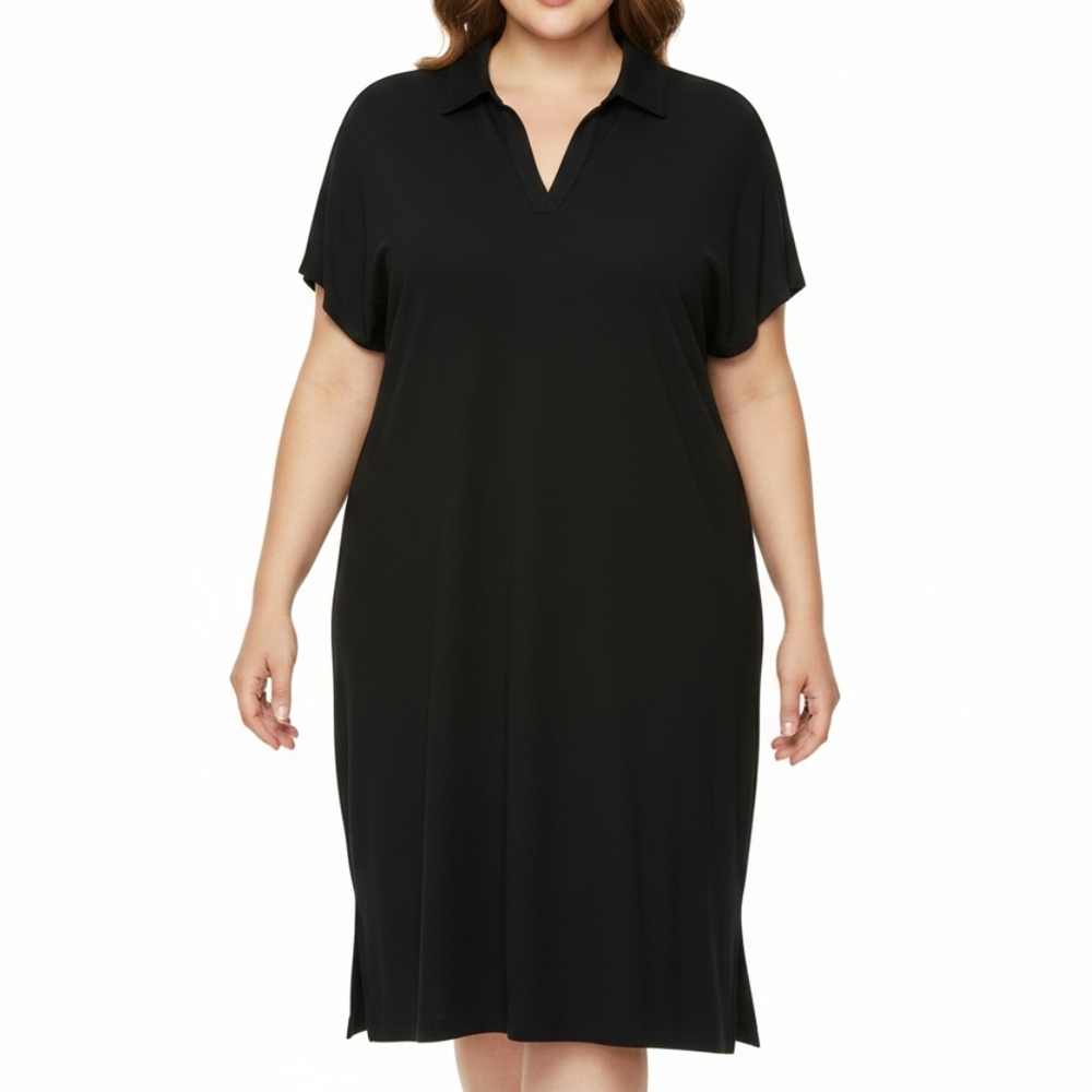 Hyba‎ Women's Black Polo Style Shirt Dress Relaxed Fit Short Sleeves Minimalist